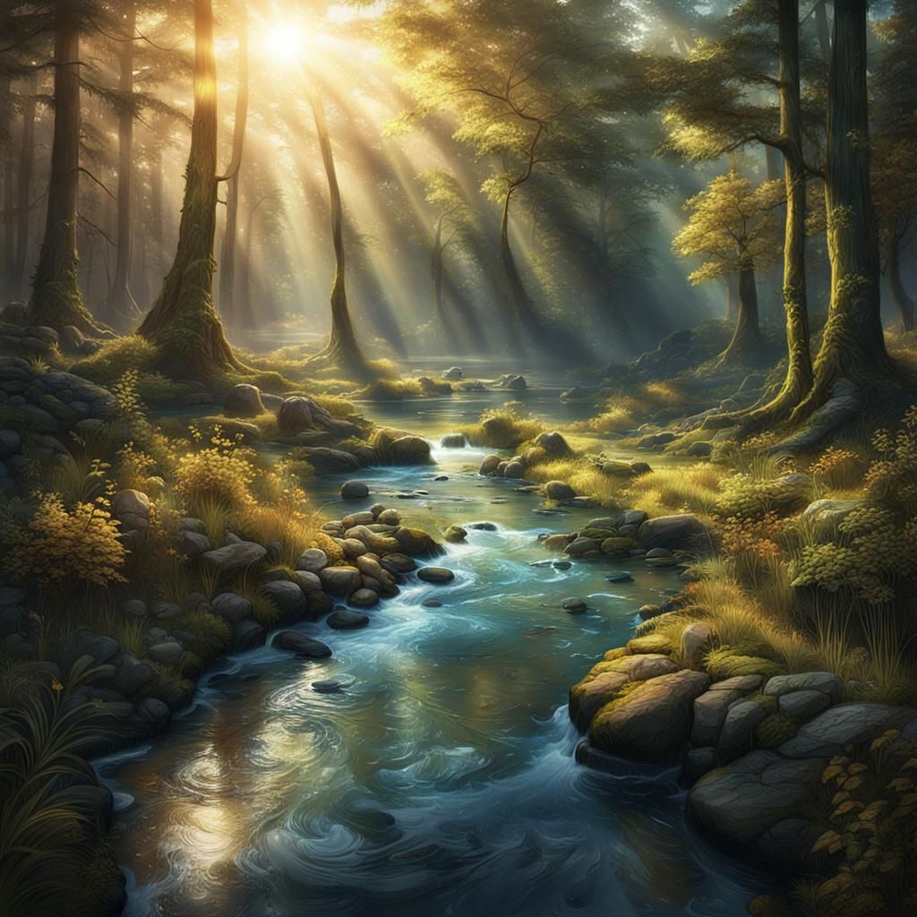 Sunlit Stream in Timeless Forest: Matte Painting
