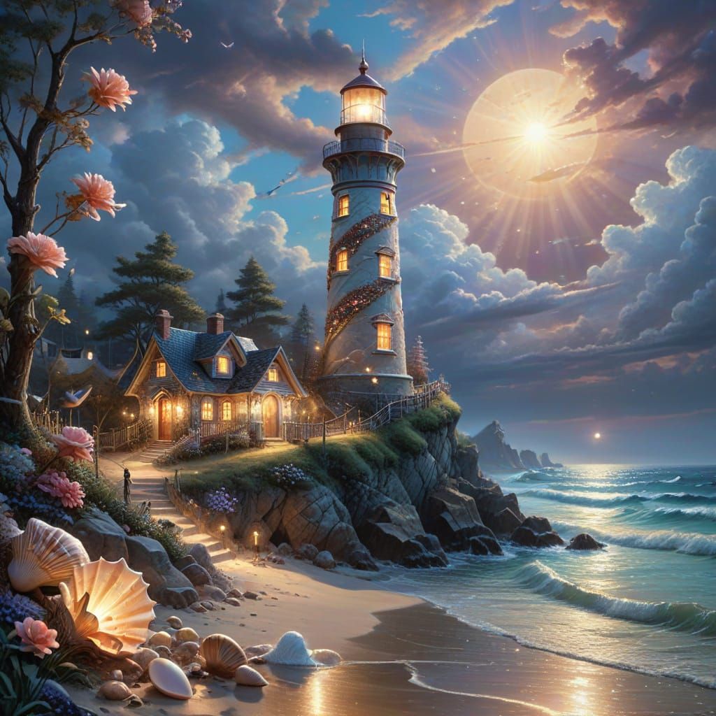 Ethereal Seashell Lighthouse: Hyper-Realistic Fantasy Art