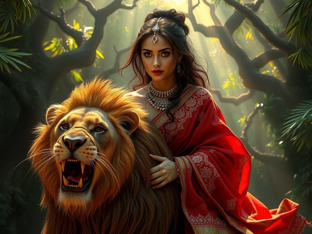 Kurdish Goddess Empowered by Lion in Majestic Jungle
