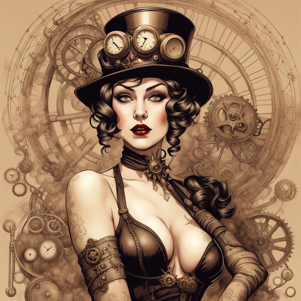 Steampunk Burlesque Dancer in Vargas Style