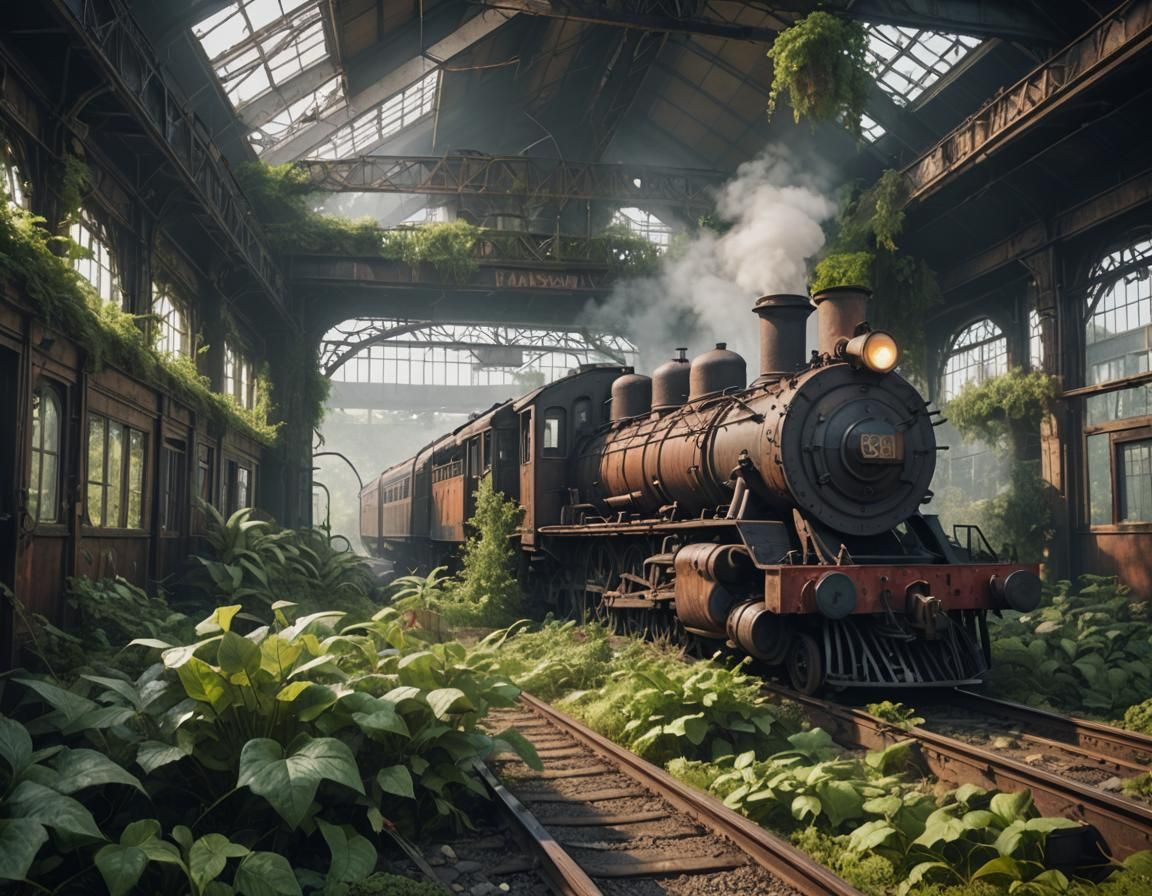 Overgrown Railway Station in Post-Apocalyptic Style
