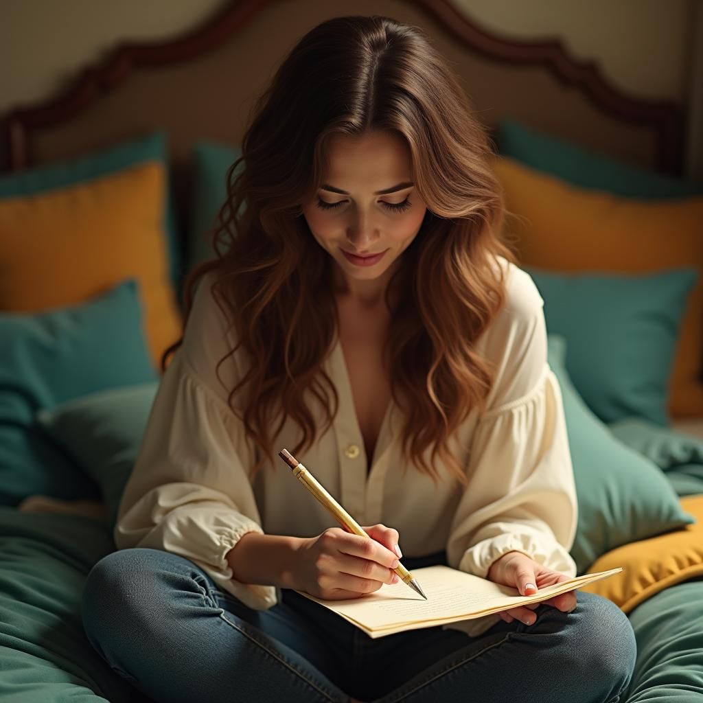 Woman Writing Letter with Golden Lighting