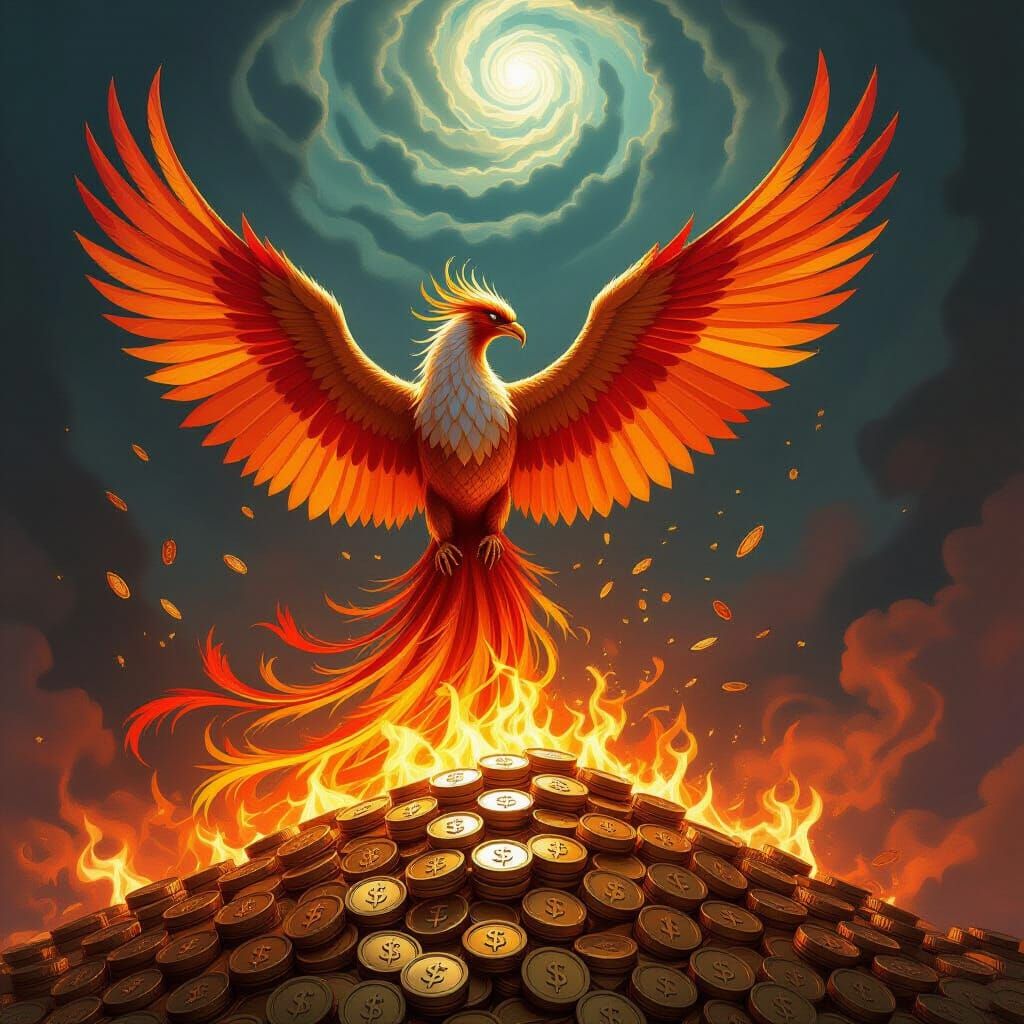 Phoenix of Currency Rises from Fiery Gold Coins