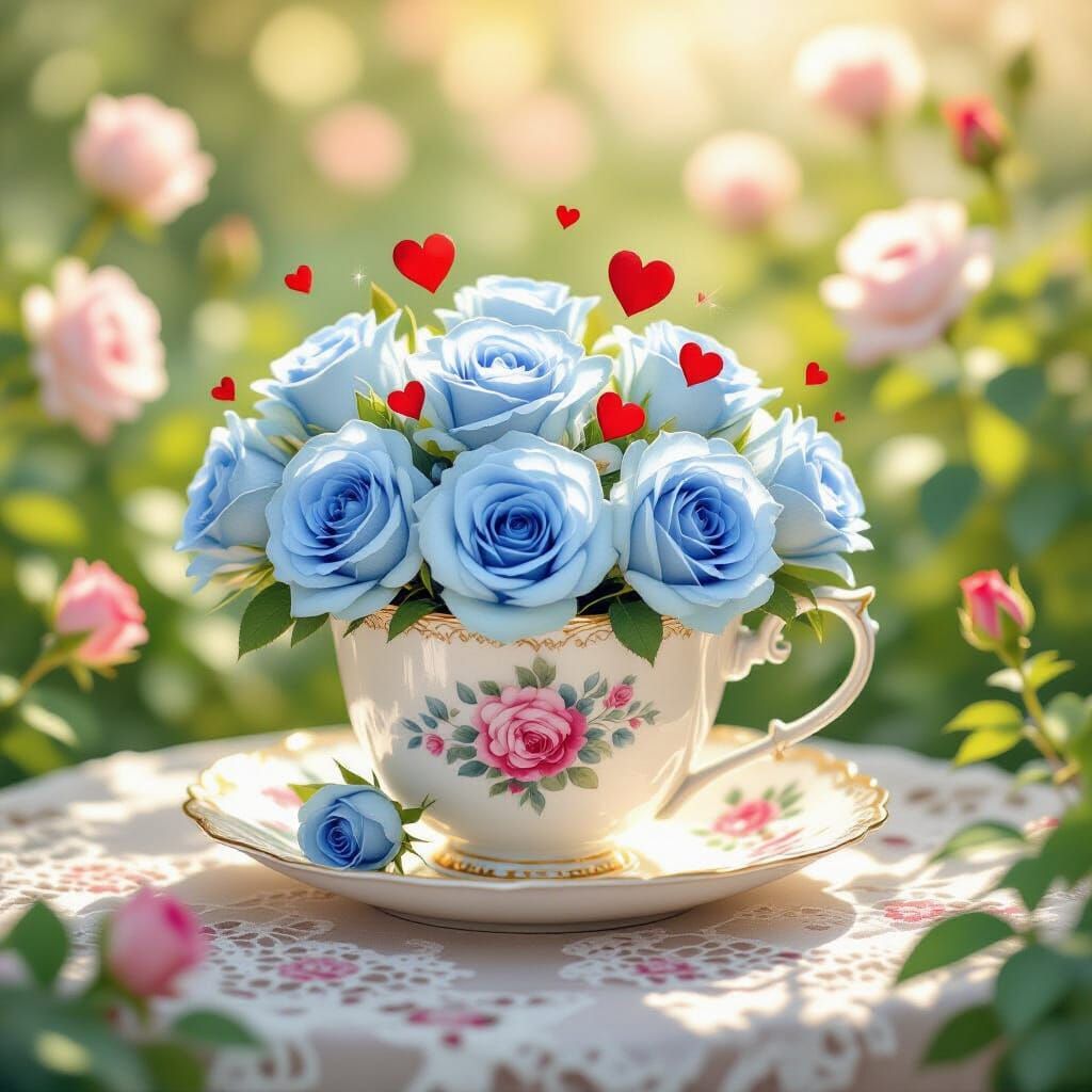 Teacup Overflowing with Roses and Hearts in Watercolor Style