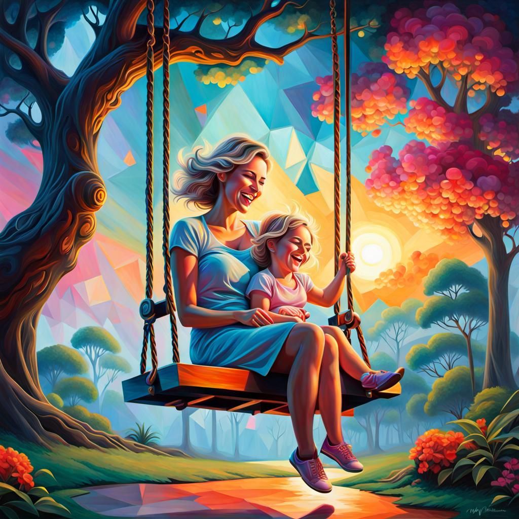 Cubist Mother and Child Laughing on Swing