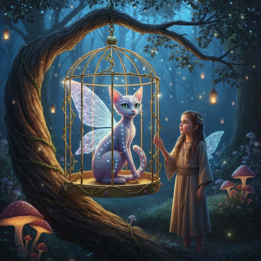 Enchanted Forest Cat Fairy in Ornate Birdcage