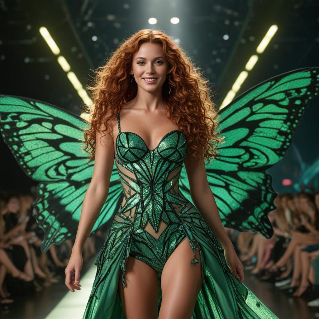 Brazilian Model in Futuristic Butterfly Dress on Runway