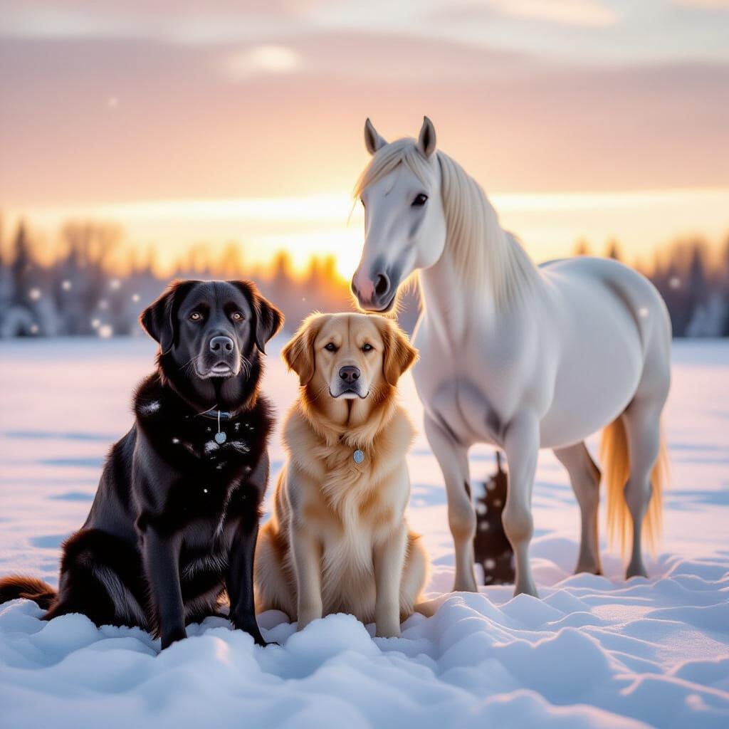 Dogs and Horse in Ethereal Winter Sunset