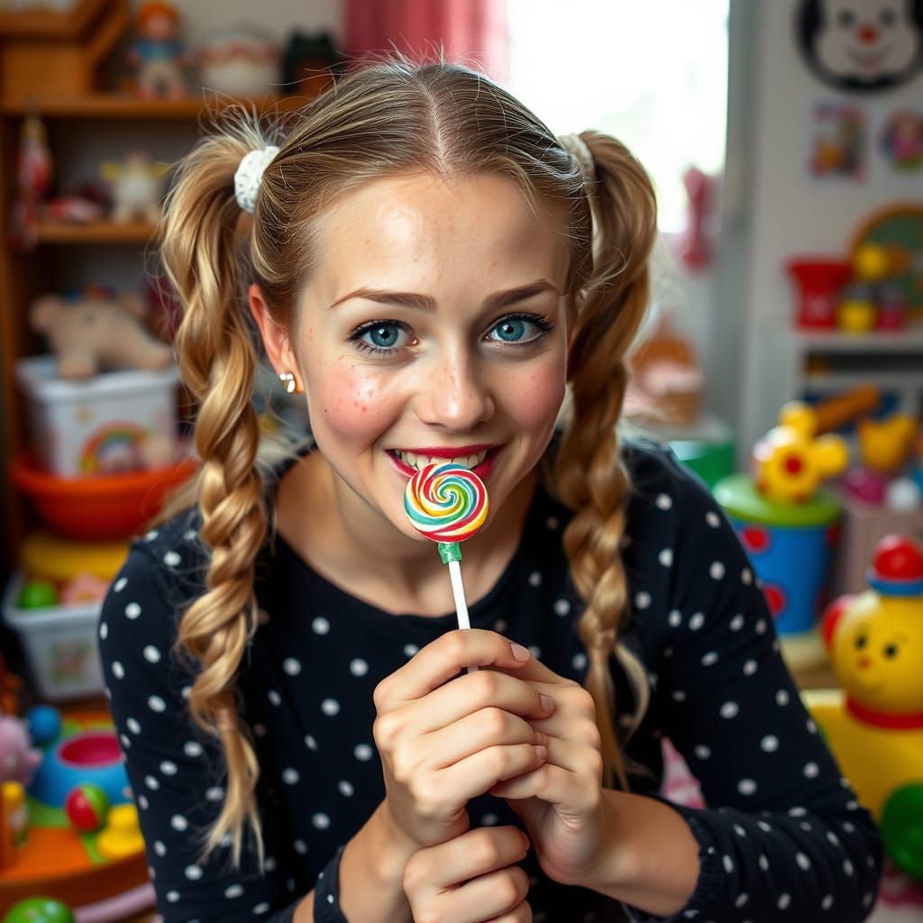 Happy Babysitter Girl with Blonde Pigtails and Freckles