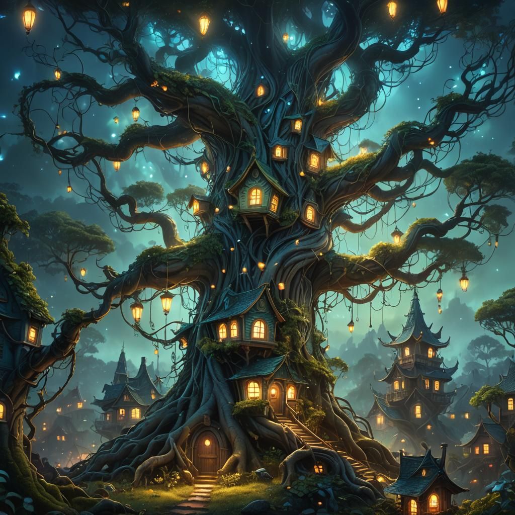Enchanted Tree Village in a Misty Forest