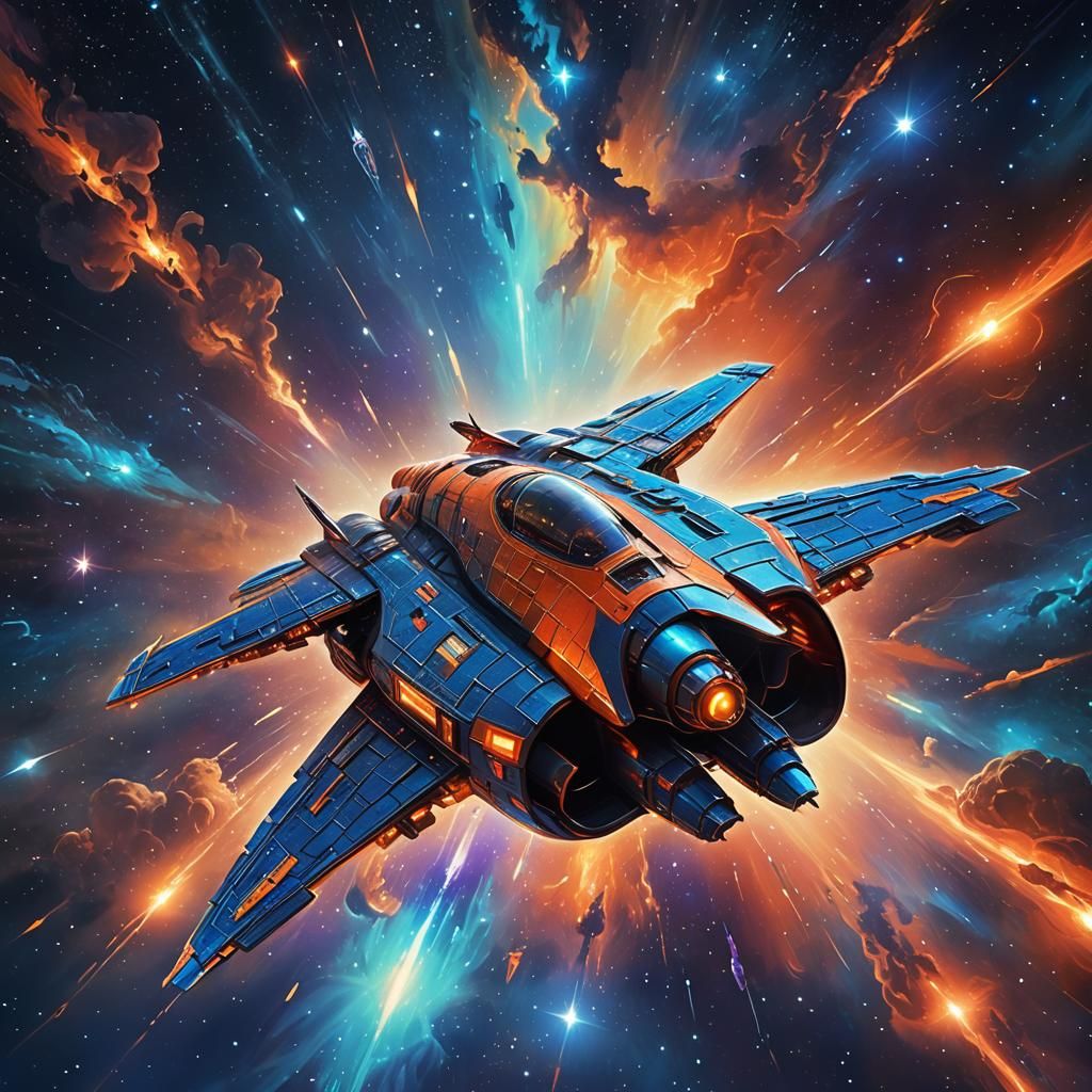 Neon Spaceship Soaring Through Starry Nebula