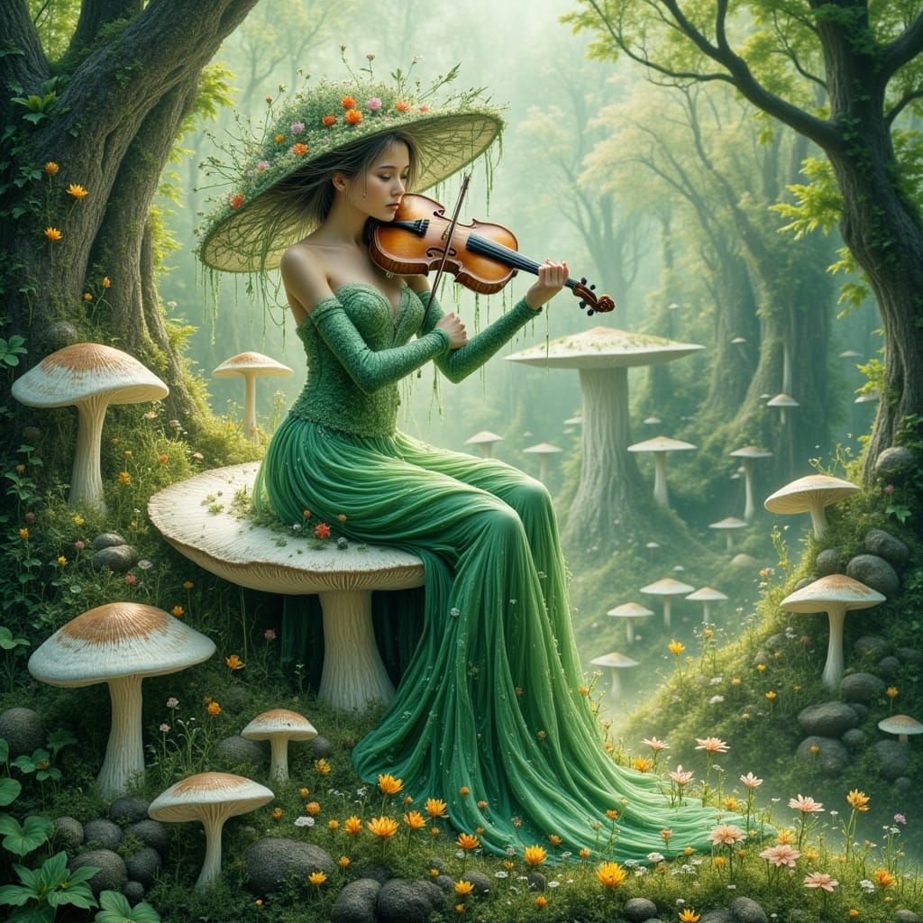 Fairy Musician in Whimsical Emerald Forest