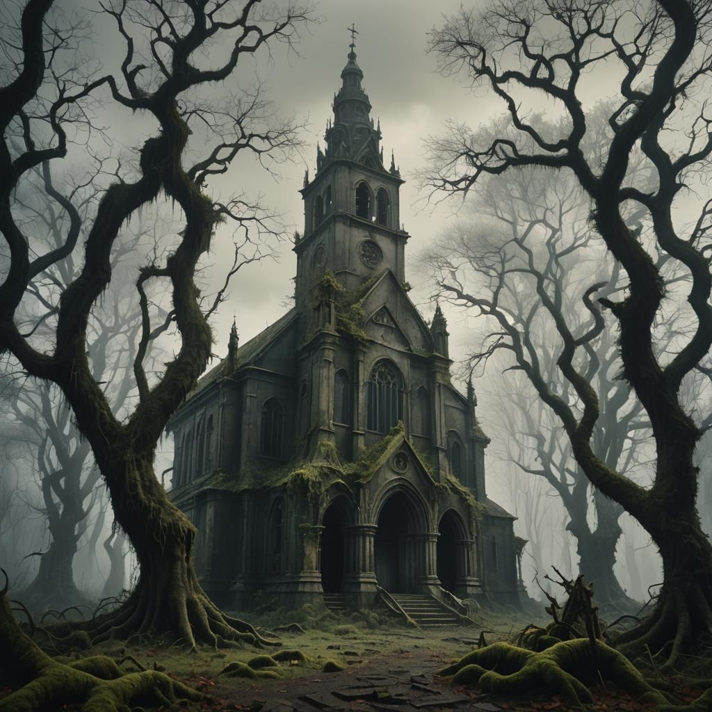 Eerie Forest Church in Dark Fantasy Style