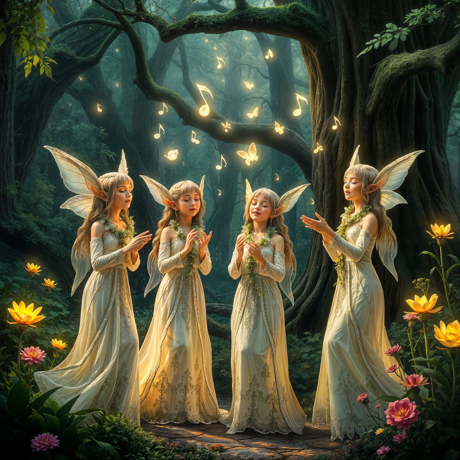 Ethereal Elves Sing in Misty Forest