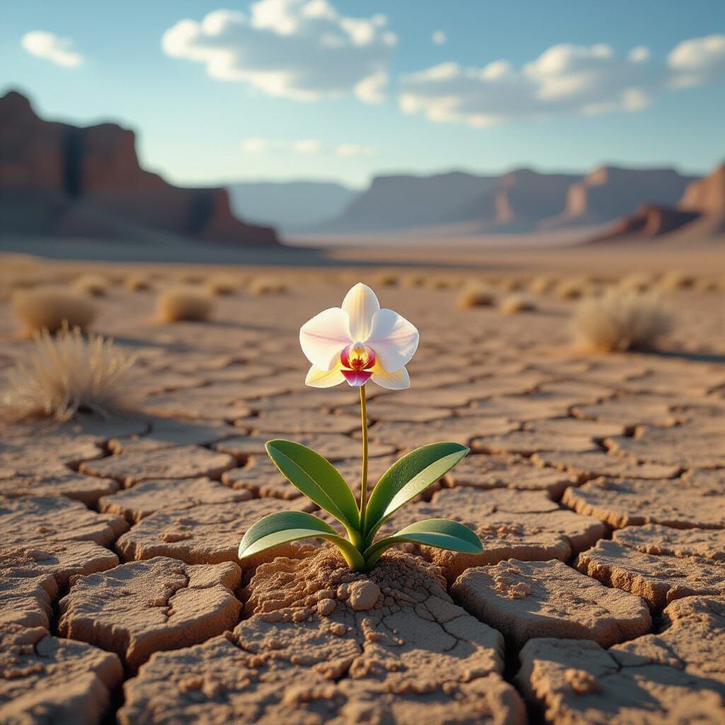Orchid Bloom in Desolate Badlands, Cinematic Style