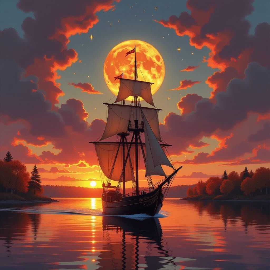 Tall Ship Sails Dreamlike Fantasy Landscape