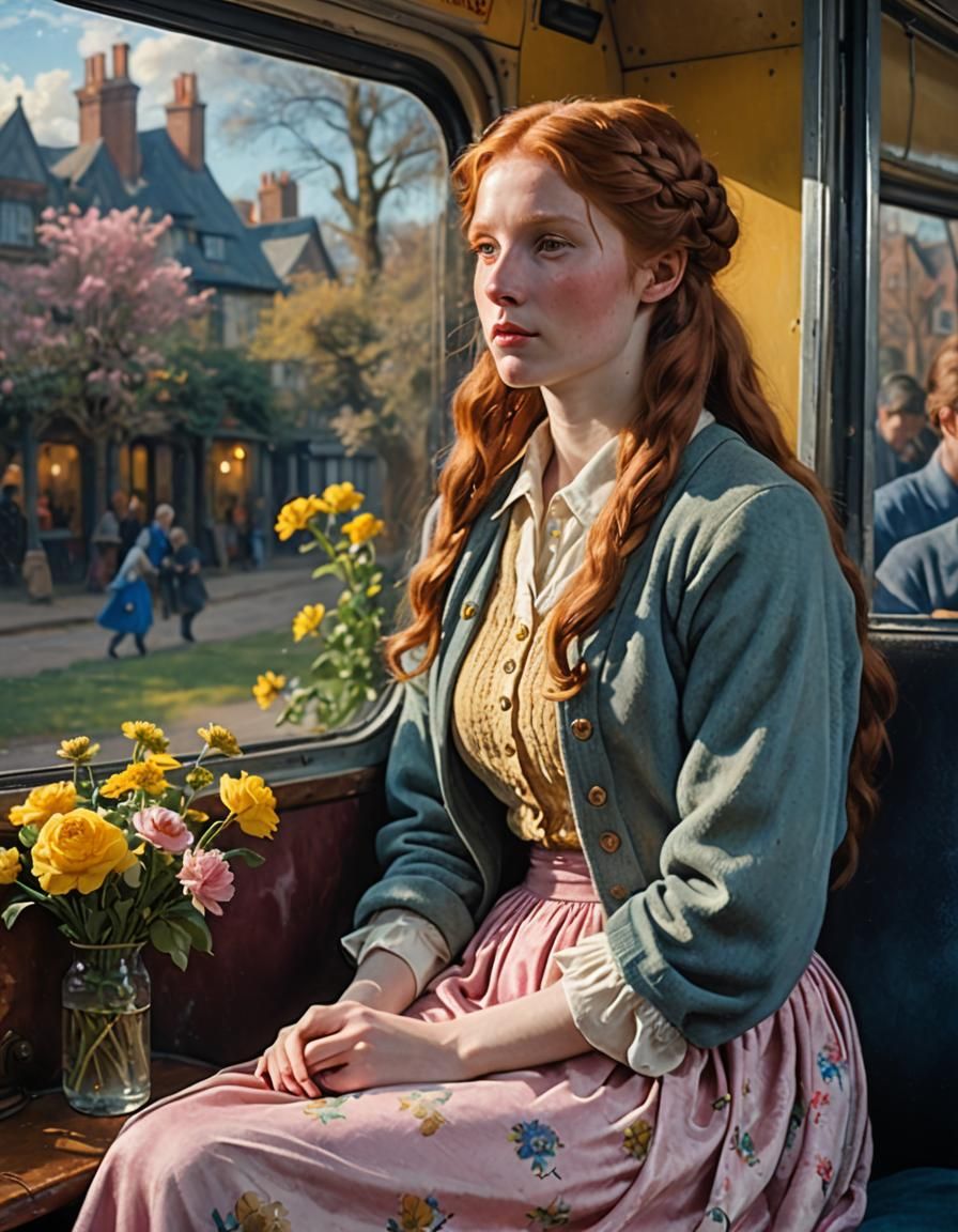 Redhead Woman on Bus in Pre-Raphaelite Style
