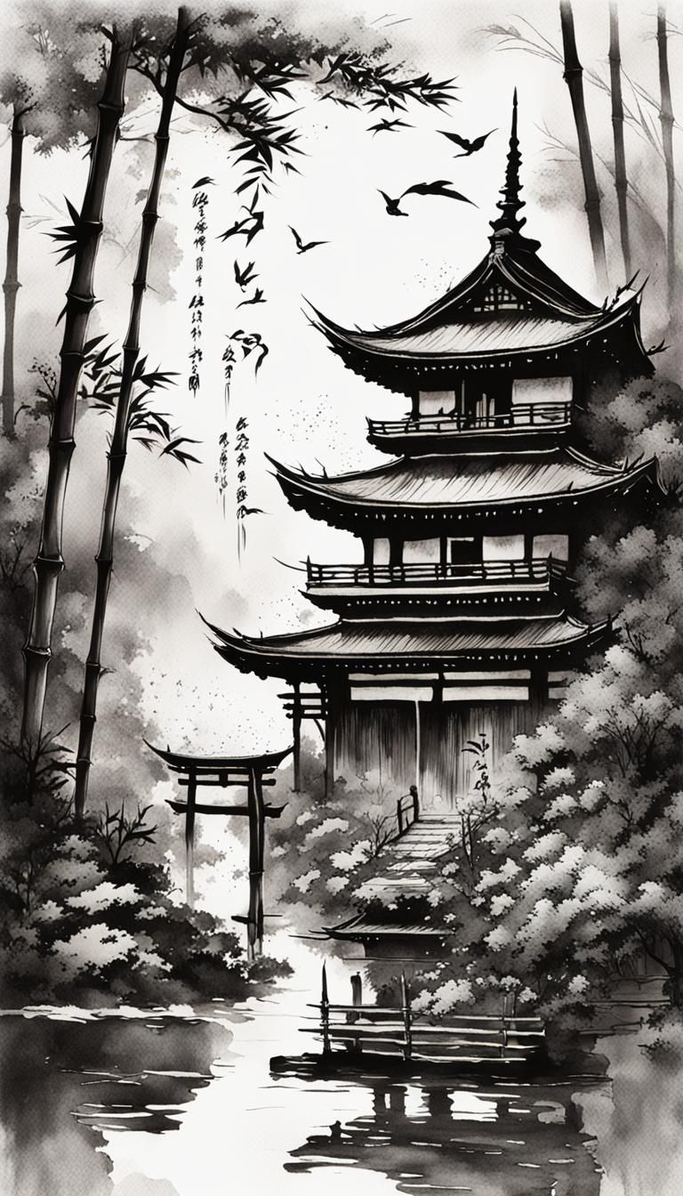Monochromatic Sumi-e Painting of Yōkai and Kami