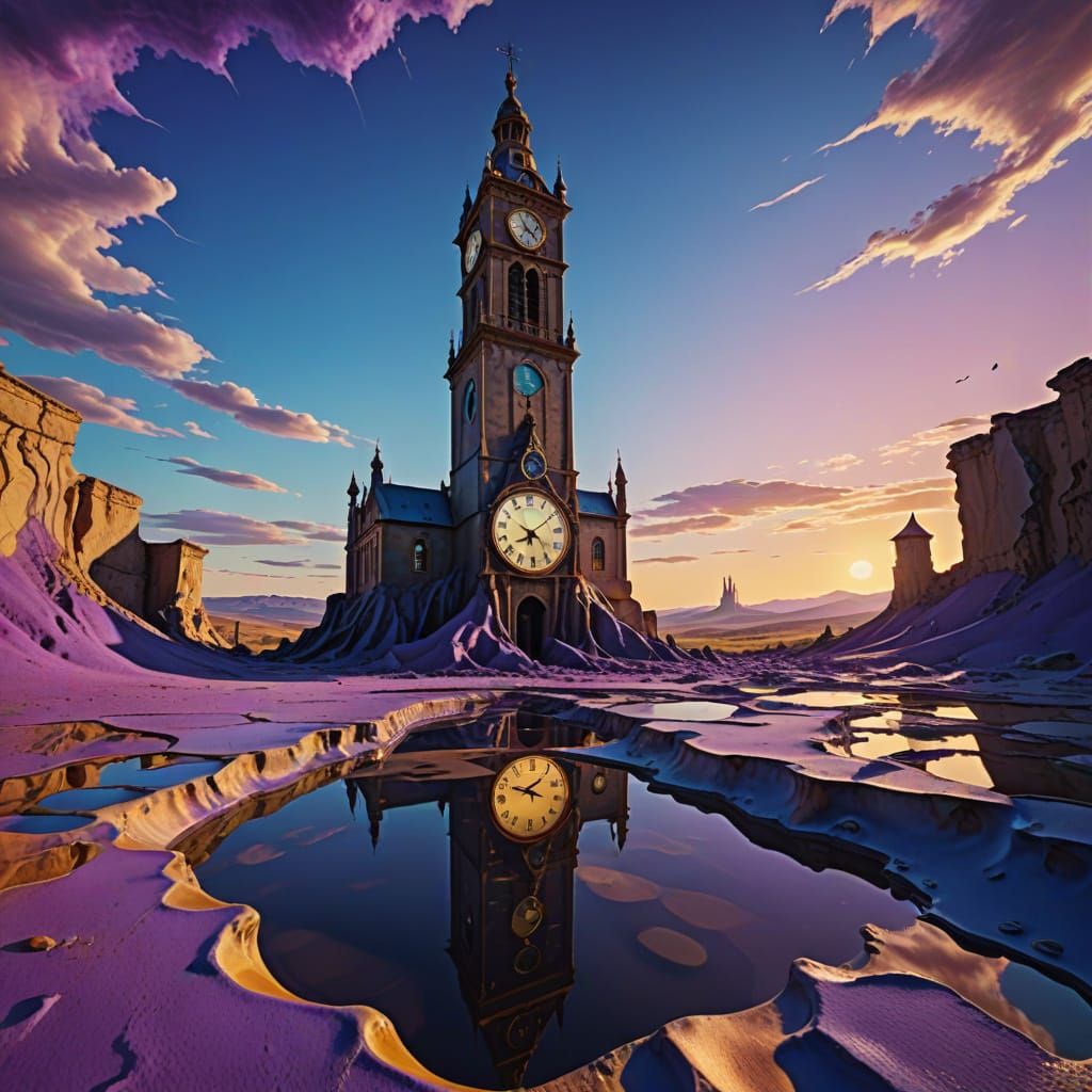 Surreal Melting Clock Tower Landscape in Dreamlike Style