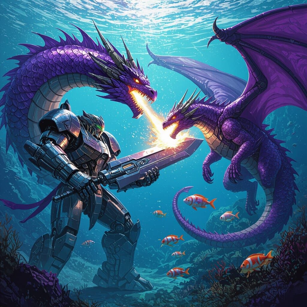 Underwater Robot Dragon Battle in Futuristic Style
