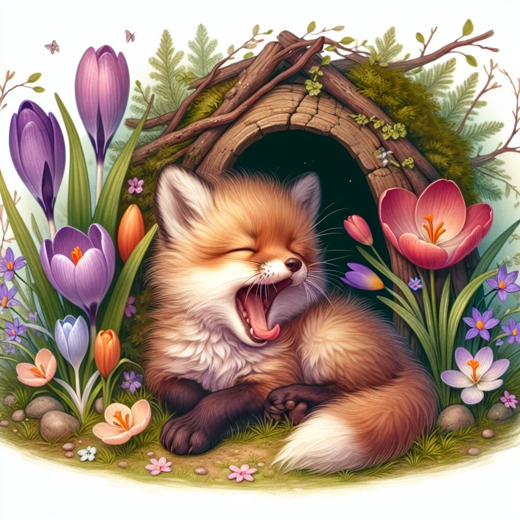 Cute Fox Cub Yawning in Spring Meadow