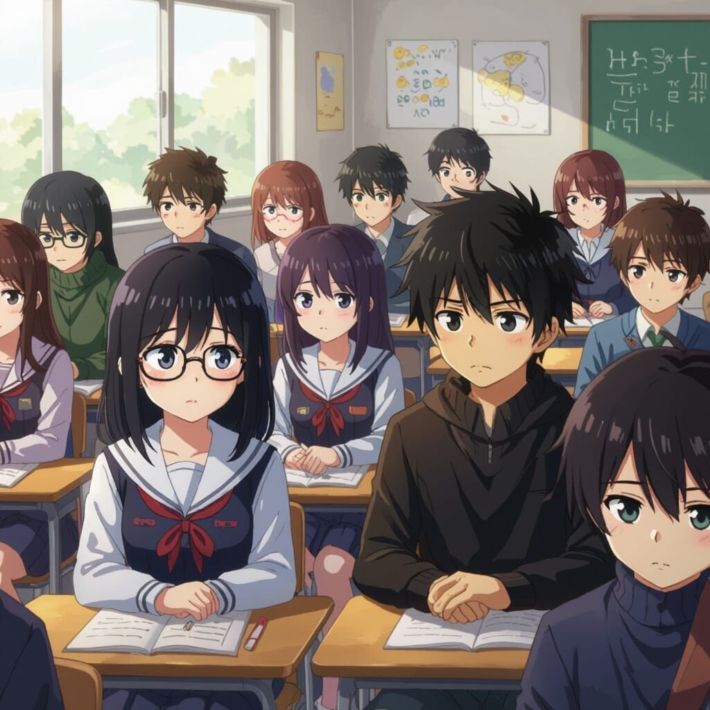 Sad Anime Classroom Scene with Students