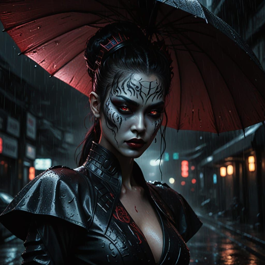 Elegant female Oni with sleek black mask, long wet hair, crimson lips. Holding a blood-red paper umbrella like a blade, ...