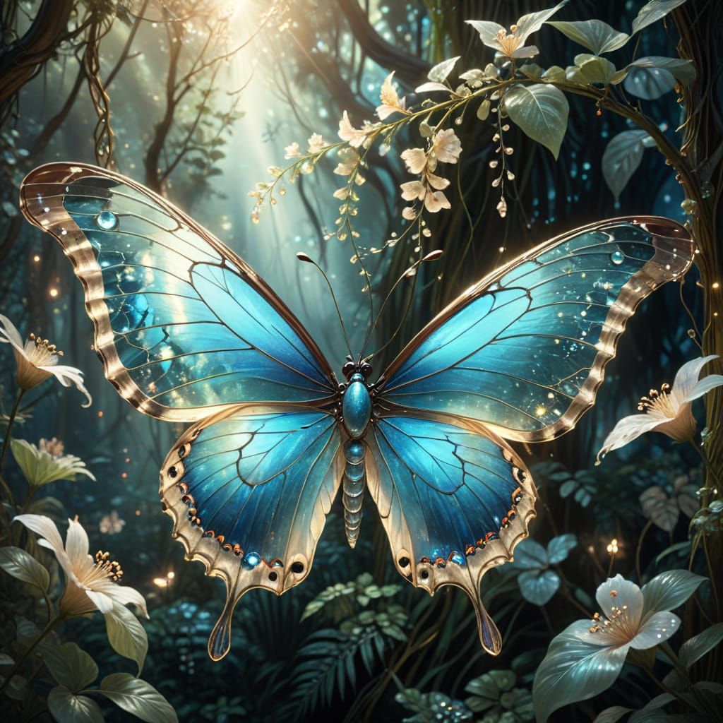 Iridescent Butterfly in Magical Tropical Forest