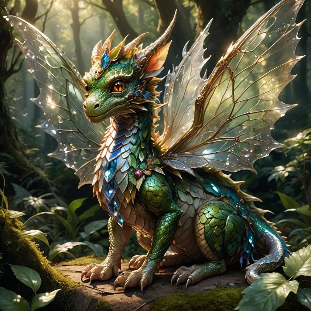 Jewel-Horned Baby Dragon in Mystical Forest