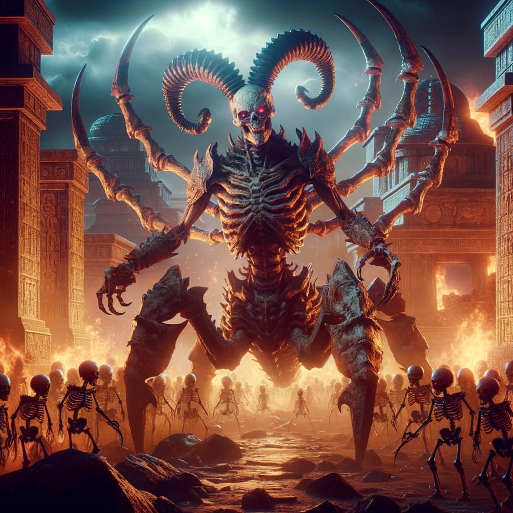 Giant Skeletal Scorpion Creature in Burning Aztec City