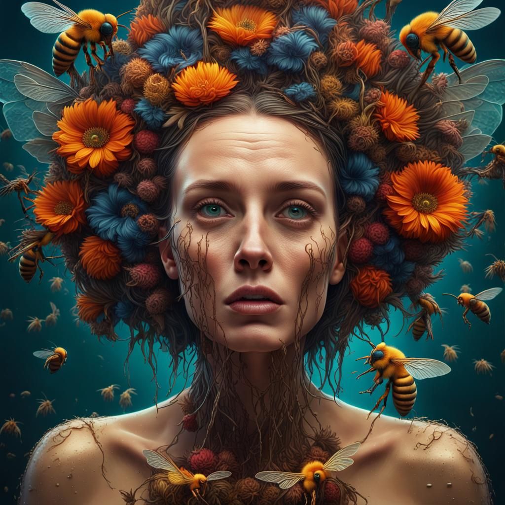Surreal Woman with Parrot Flowers and Bees