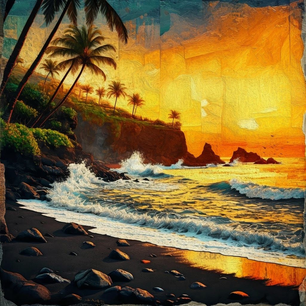Golden Hour Tropical Paradise in Impasto Mixed Media