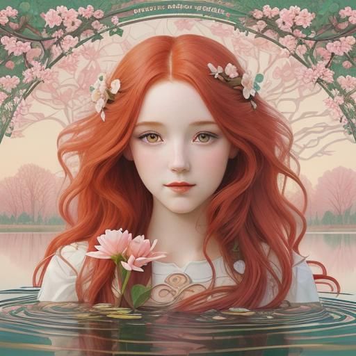 Art Nouveau Girl Emerges from Flower Pond