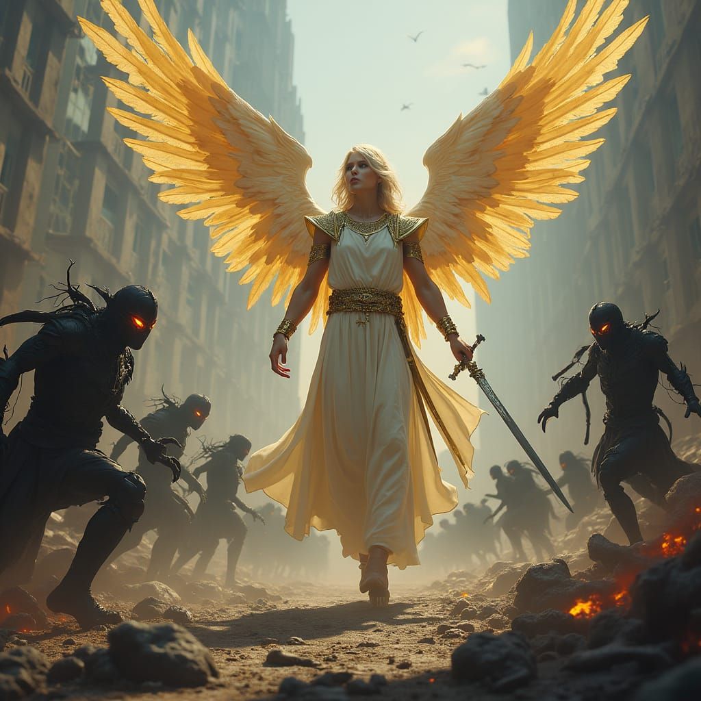 Angel Defending Humans From Demons in War-Torn City