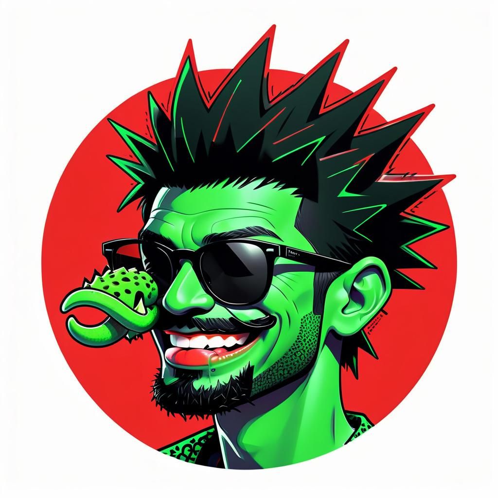 Cartoon Portrait of Smiling Green Man in Haring Style