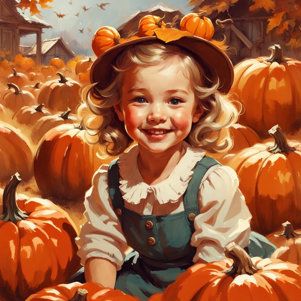Toddler Surrounded by Pumpkins in Pin-up Style
