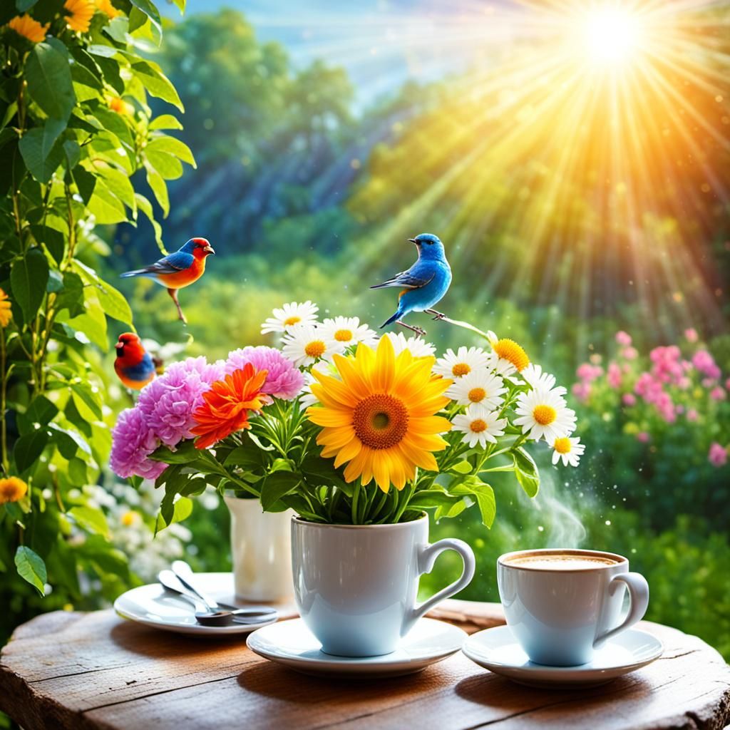 Floral Morning Scene with Coffee and Birds