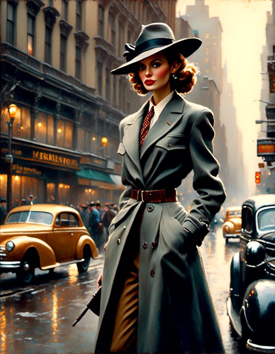 Female Detective in 1940s New York, Film Noir Style