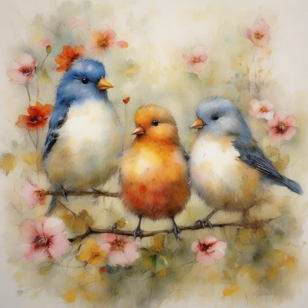 Cute Birds in Vibrant Summer Garden