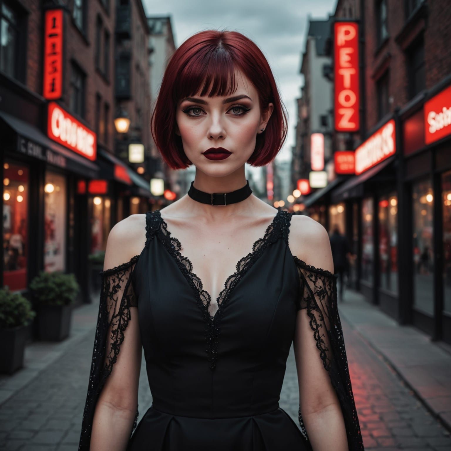 Gothic Woman in Red City Night