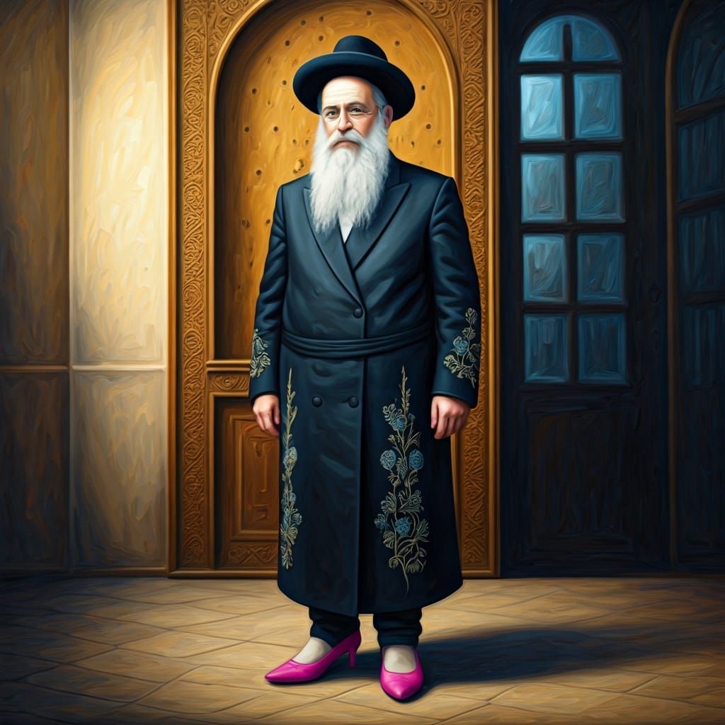 Haredi Man in Pink Heels, Bold Artistic Rendering