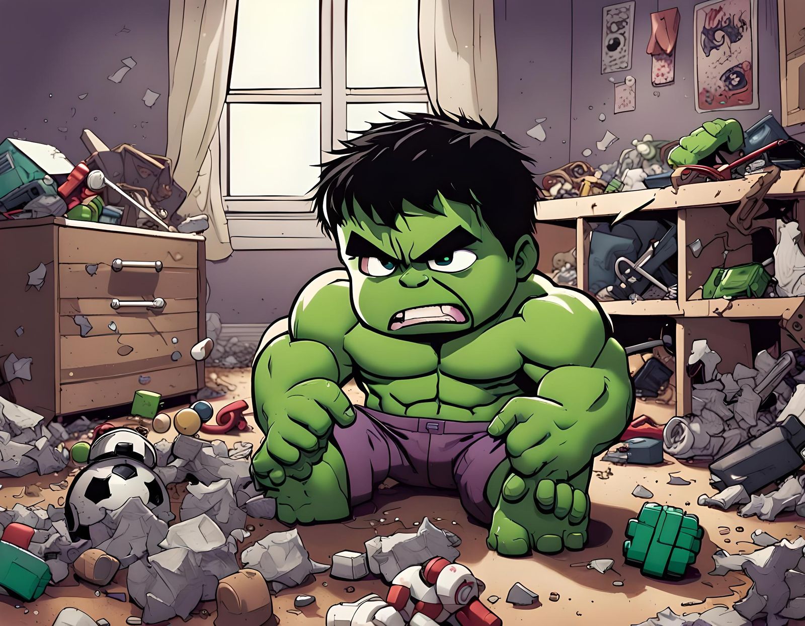 Chibi Baby Hulk Sulking in Destroyed Playroom