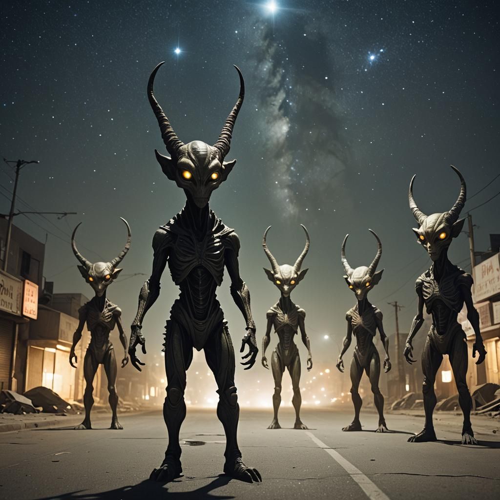 Eerie Horned Alien Figure in Deserted Street