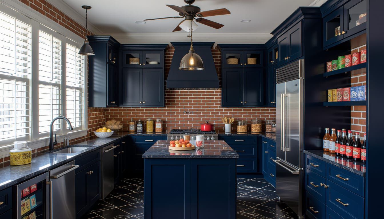 Victorian Storage Room with Dark Blue Cabinets and Brick Acc...