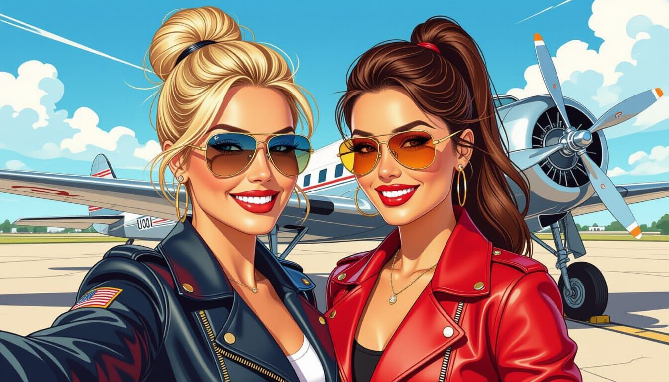 Elegant Pilots Selfie in Front of Vintage DC-3 Airliner