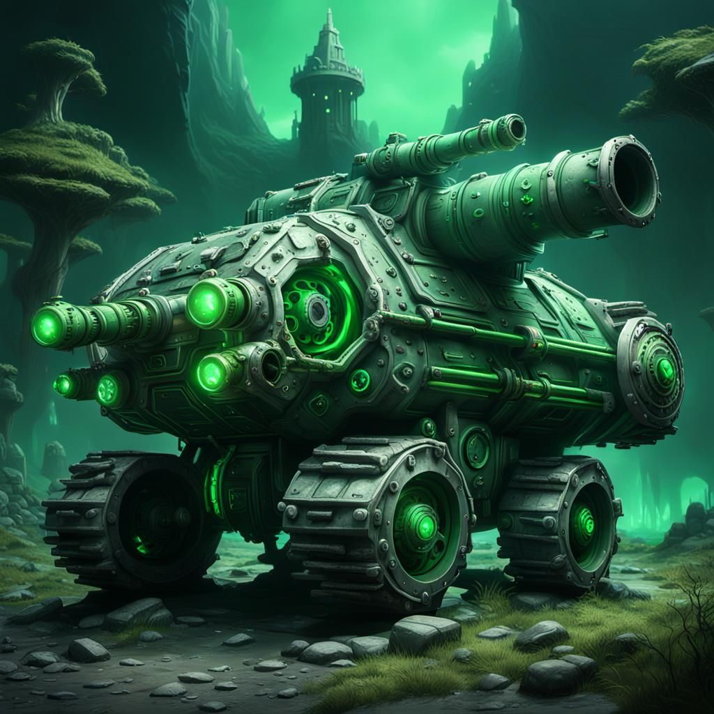 Bone Tank with Glowing Green Cannon, Detailed Matte Painting