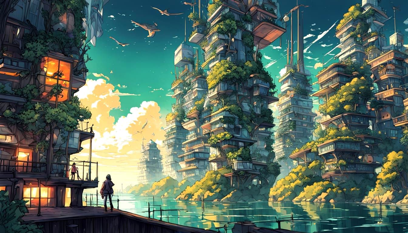 Surreal Solarpunk Archipelago Scene