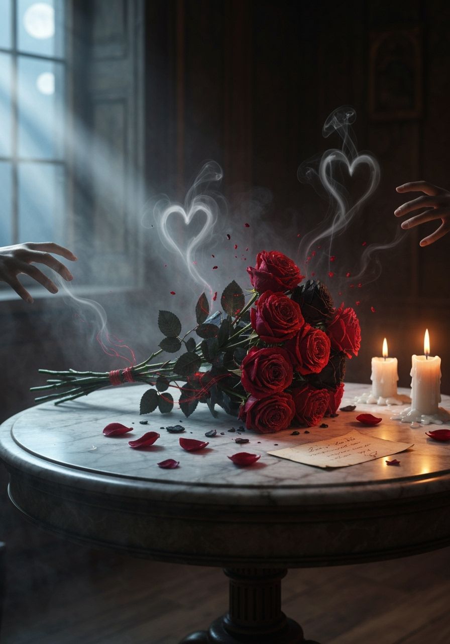 Crimson Roses Decay on Victorian Table