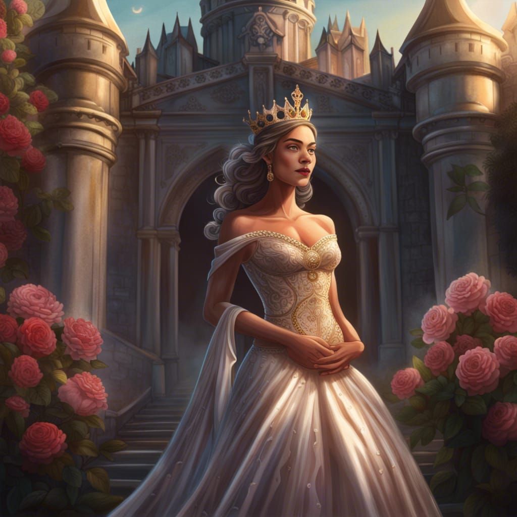 Queen in Gown and Crown at Castle Entrance