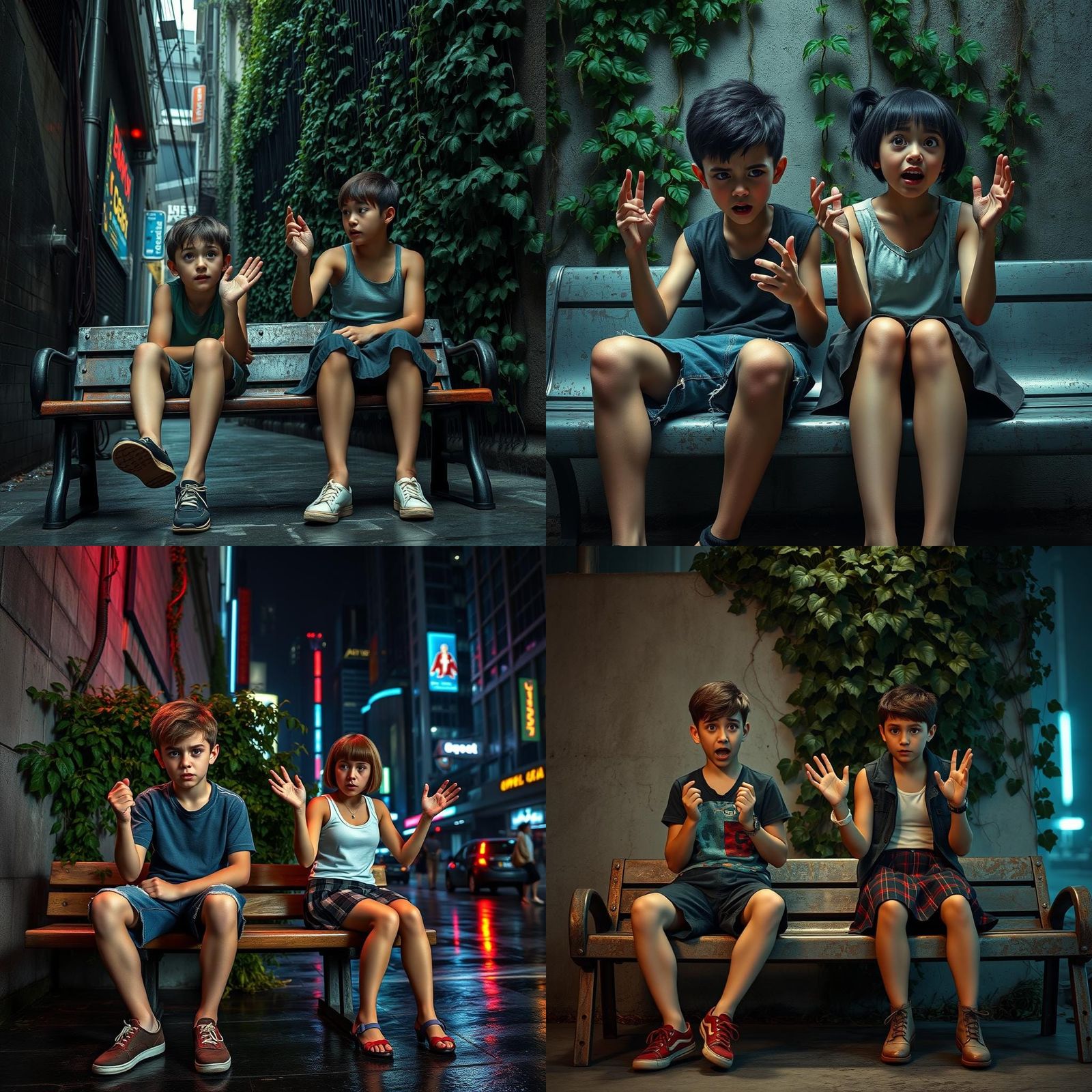 Worried Teenagers in Cyberpunk Style on Bench
